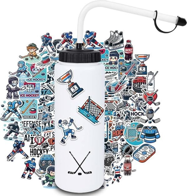 Hockey Gifts,1 Pack Hockey Water Bottle with Long Straw and 100PCS Hockey Stickers Accessories Stuff for Boys Men Player Lovers (1L,Squeeze,BPA-Free)