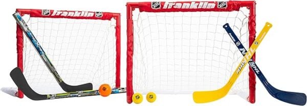 Franklin Sports - NHL Kids Folding Hockey Goals Set - (2) Street Hockey & Knee Hockey Goals - (2) Adjustable Youth Hockey Sticks, (2) Knee Hockey Sticks, (2) Mini Hockey Balls + (1) Street Hockey Ball